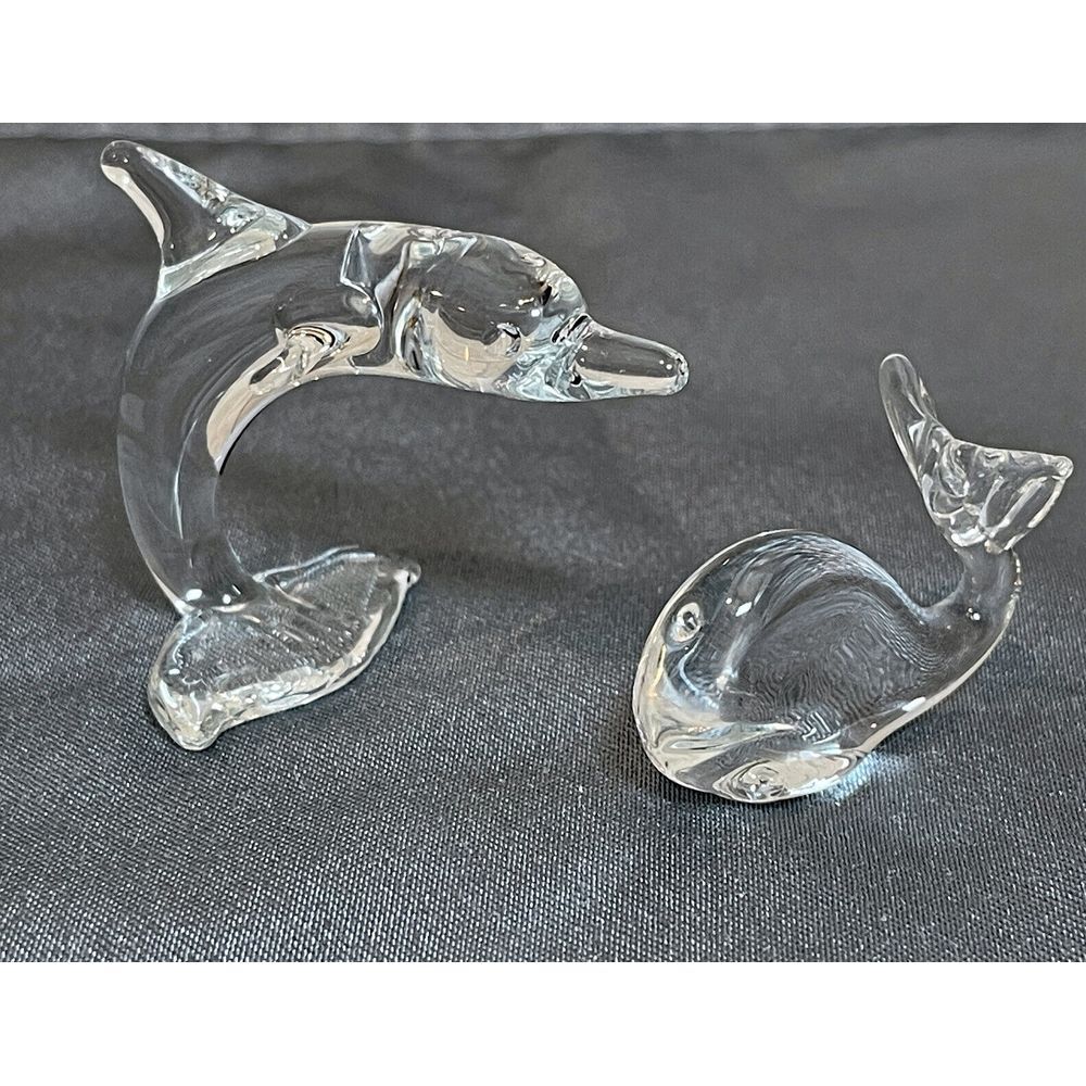 Dolphin‎ Whale Figurines Miniature 2 Inch Pair Clear Hand Blown Crystal Glass